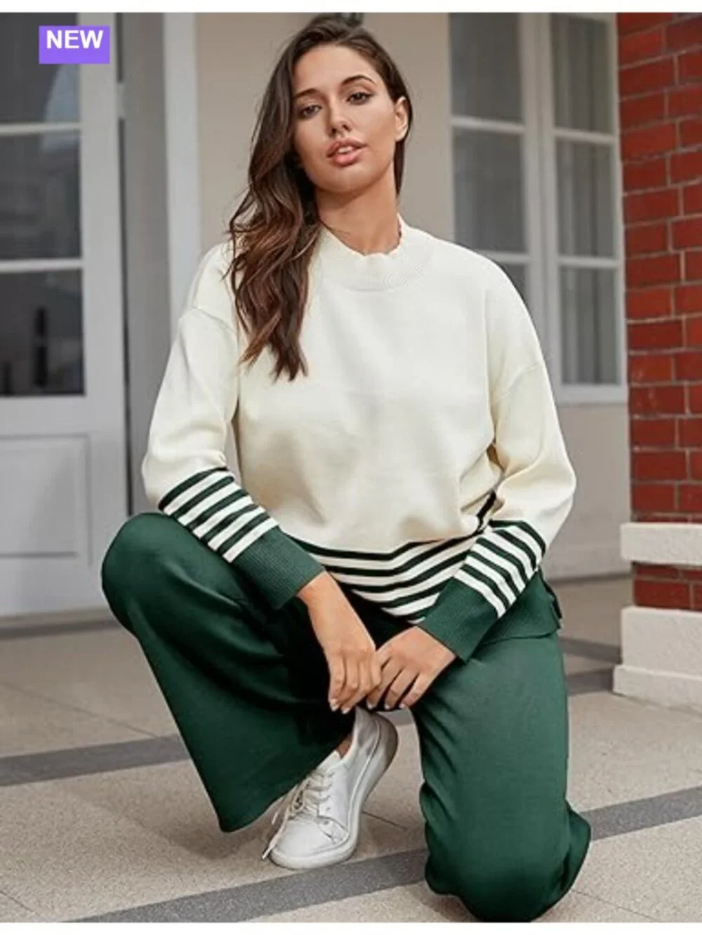 Striped 2 Piece Sweater Lounge Set Ribbed Knit Turtleneck Tracksuit